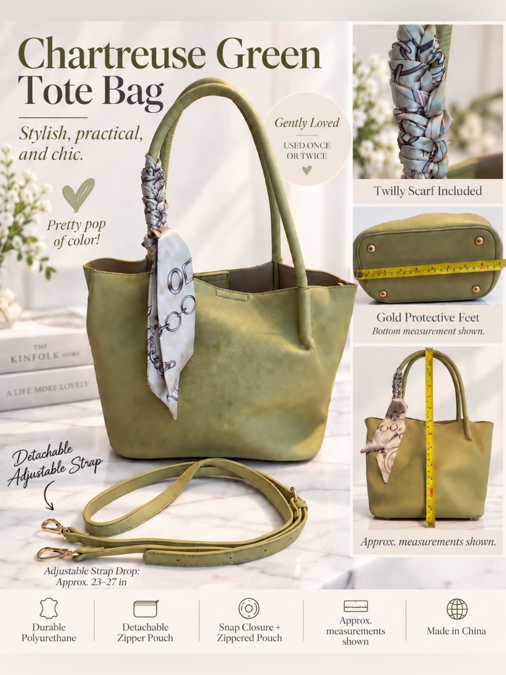 Chartreuse Green Tote Bag w/ Twilly Scarf + Crossbody Strap & Removable Pouch